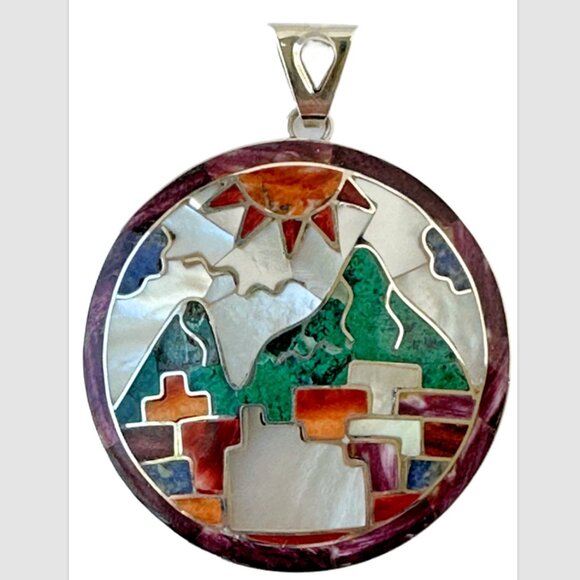 Peruvian 950 Sterling Silver Pendant | Handcrafted Mosaic Inlay natural stone - Picture 1 of 7